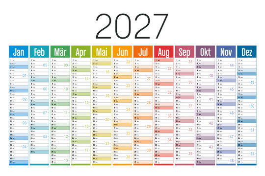 Kalender 2027 deutsch Deutschland farbenfroh Vektor mit Wochen und Kalenderwochen, wei&szlig;er Hintergrund, horizontaler Wandplaner
