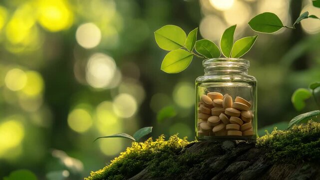 A jar filled with herbal supplements sits on a moss covered log surrounded by green leaves and forest sunlight