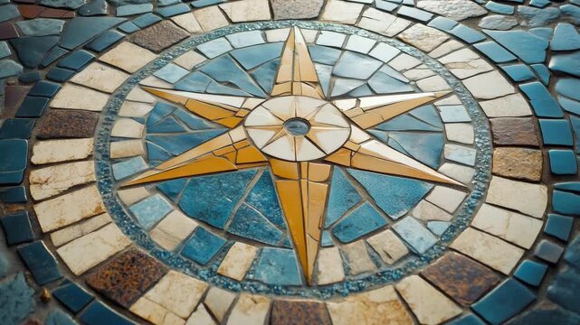 A close look at a compass mosaic made of tiles in a public area during daytime