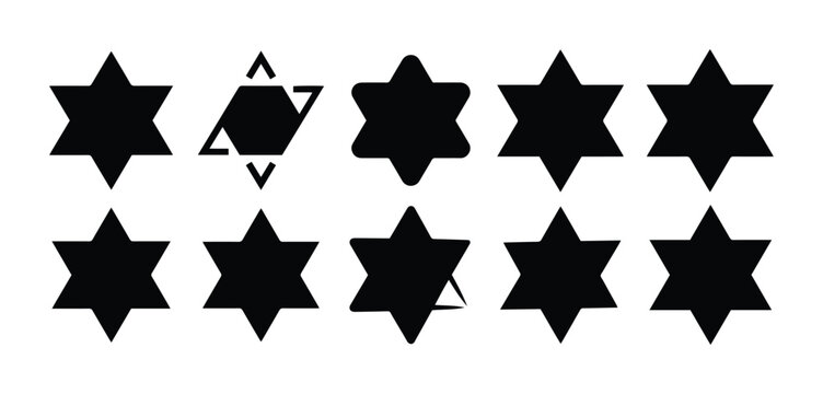 Star of David vector icon set, black hexagram symbols of Judaism, religious Jewish emblems for Hanukkah and Israel heritage designs