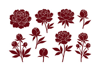 Burgundy peony flower silhouettes, dark red floral vector set of 9 botanical elements, elegant peony blossoms and buds for wedding invitations © Farah-Studio