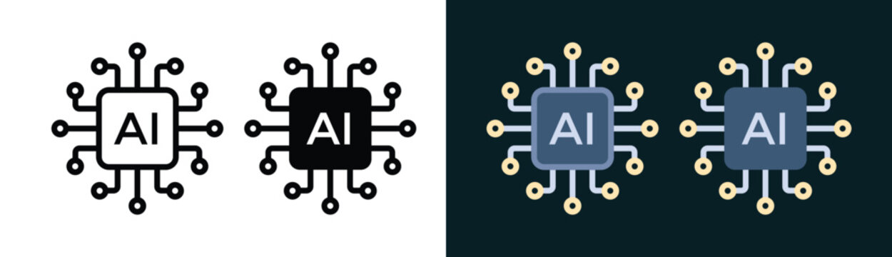 Artificial intelligence hardware and circuit technology icons. Futuristic electronic technology design. AI digital processor chip on motherboard. Machine learning system symbol