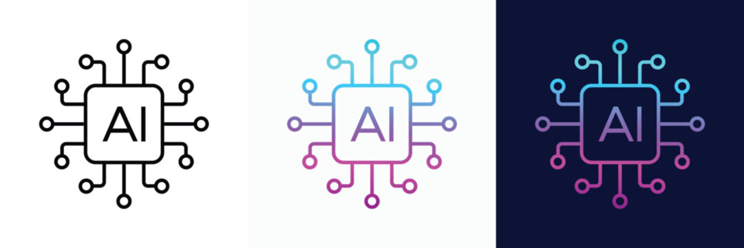Artificial intelligence hardware and circuit technology icons. Futuristic electronic technology design. AI digital processor chip on motherboard. Machine learning system symbol