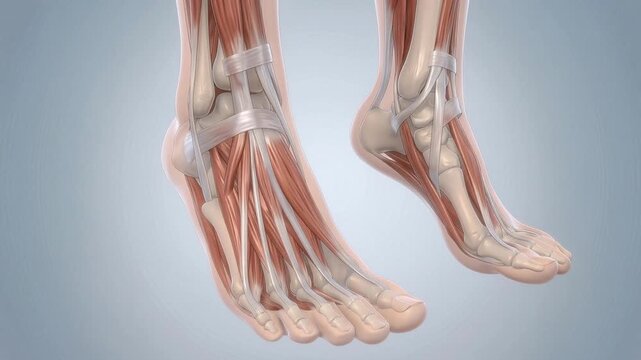 Foot anatomy shows bones and muscles in detailed animation for understanding human structure