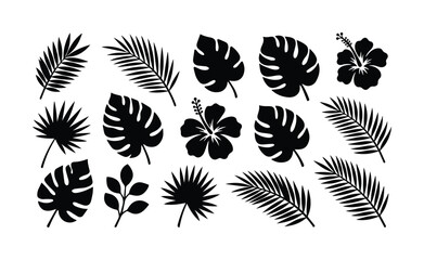 Tropical leaf silhouettes and hibiscus flower icons, black botanical vector set of 14 elements, monstera and palm frond foliage for summer design © Farah-Studio