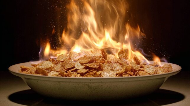 Burning cornflakes producing flames and smoke, demonstrating flammable cereal reaction, food combustion process, heat energy, fire experiment and unusual kitchen science concept