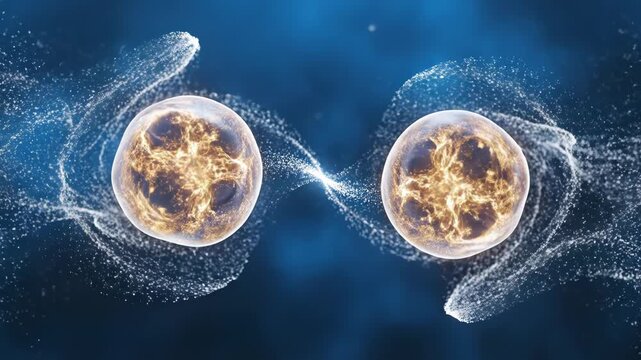 Abstract representation of two glowing particles connected by energy