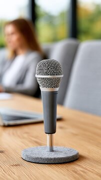 Microphones on table with blurred audience background, press conference concept, media communication, journalism.