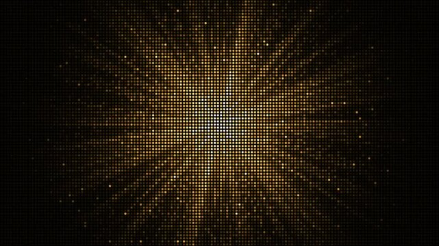 Abstract glowing gold pixel screen background with radiating light beams