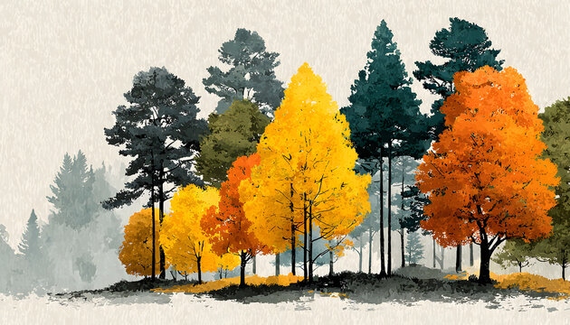 A watercolor painting depicting a forest landscape in autumn with red and yellow trees, beautiful leaves, and pine trees. The composition is minimal and elegant, with artistic natural scenery and vint