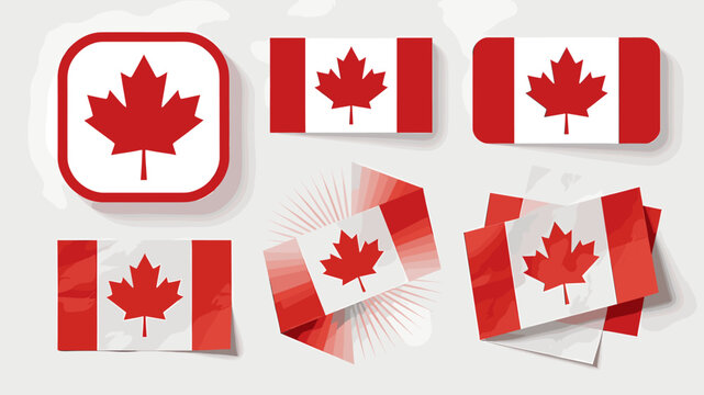 Collection of Canadian flags in various styles and orientations, including a rounded square icon and folded representations.