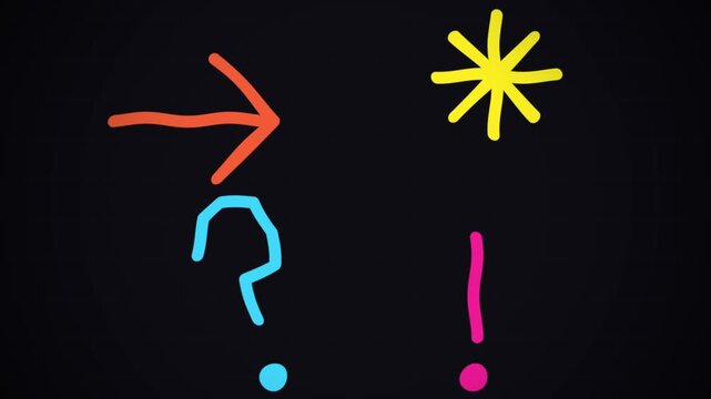 Hand drawn animated symbols arrow question mark exclamation point and asterisk on dark background