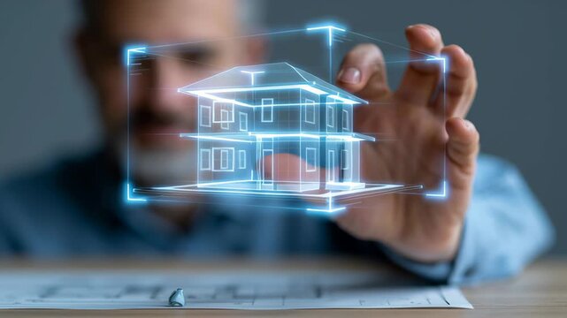 Male architect interacts with a holographic 3D model of a house design, showcasing detailed features while seated at a desk with architectural plans visible