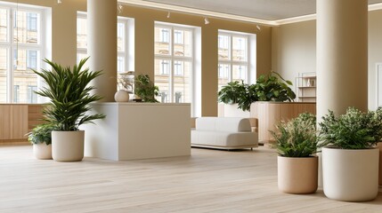 Fototapeta premium Cozy armchair with decorative plants in warm minimalist interior, comfortable lifestyle and relaxation concept.