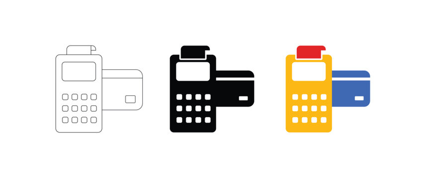 POS Terminal and Credit Card Payment Icons. contactless payment technology. retail transaction device electronic checkout system
