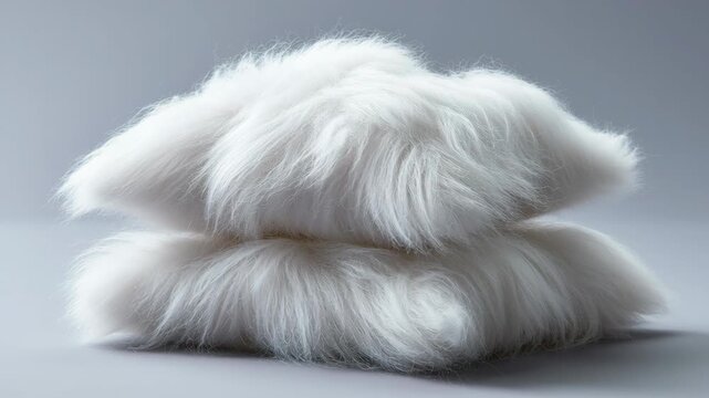 Soft white fluffy pillows stacked on a smooth surface, showcasing their plush texture and inviting appearance in a minimalistic setting