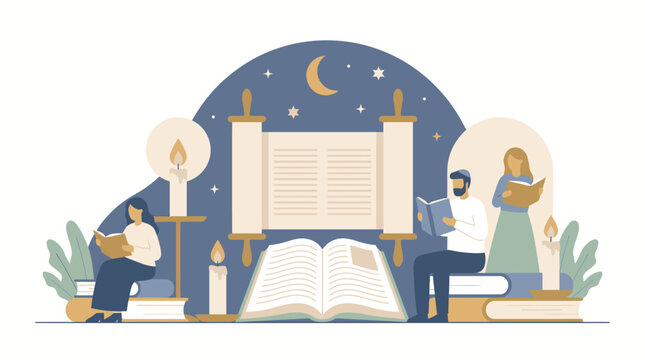 Jewish people reading holy books and Torah scrolls under a starry night sky with candles and lamps