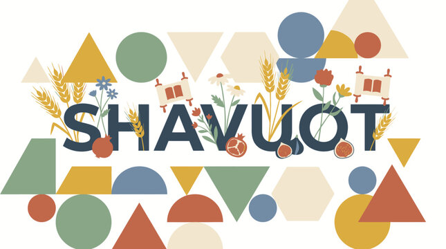 Vibrant graphic illustration for the Shavuot Jewish festival, featuring traditional harvest symbols, Torah scroll, and modern geometric shapes