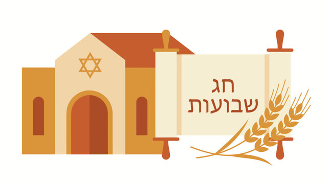 Shavuot Jewish Holiday Concept Illustrative Synagogue with Torah Scroll and Wheat Stalks Symbolizing the Feast of Weeks and Divine Revelation