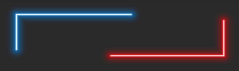 Blue and red neon corner frames isolated on dark background. Futuristic glowing laser borders with vibrant cyber light effect. Minimal geometric tech banner design. © Vivid Pixel Studio.