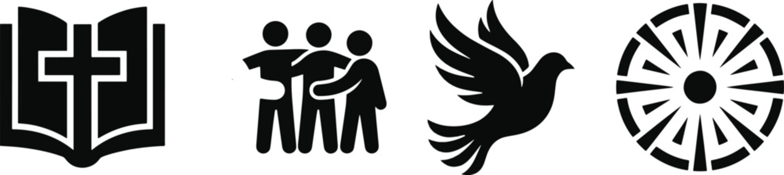 Open bible with cross embracing group dove in flight and dharma wheel unity silhouette icons, faith, harmony