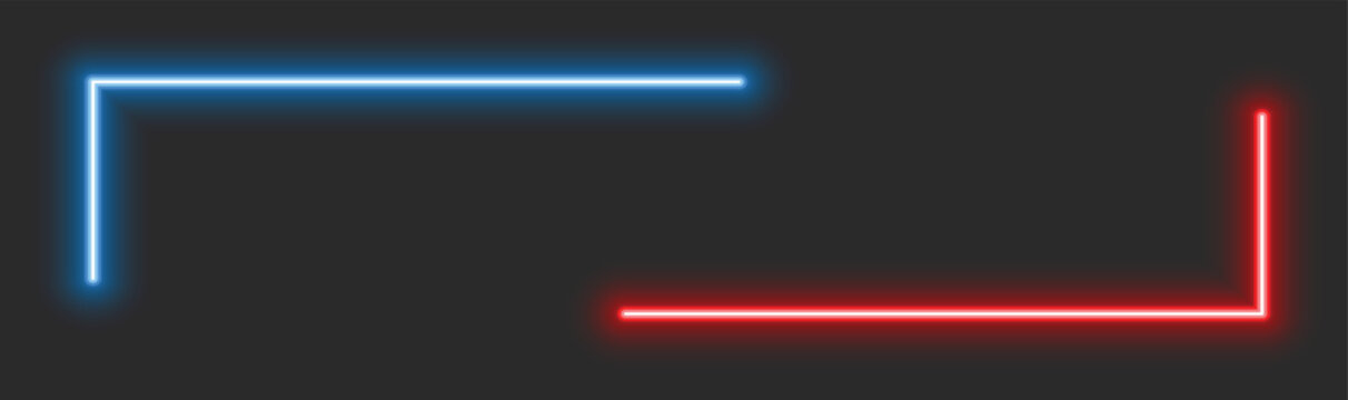 Blue and red neon corner frames isolated on dark background. Futuristic glowing laser borders with vibrant cyber light effect. Minimal geometric tech banner design.