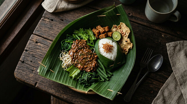 Complete nasi pecel served on banana leaf pincuk with steamed rice, mixed vegetables, peanut sauce, tempeh, peyek crackers and lime, authentic Indonesian vegetarian meal on rustic wood table.