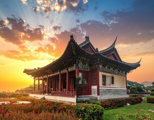 Fototapeta premium Ancient Chinese Temple Gate with Day and Night Split Effect Under a Cloudy Sky - AI Generated