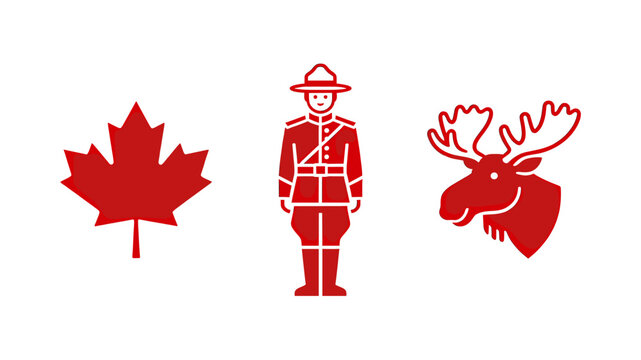 Three red Canadian symbols: a maple leaf, an RCMP officer, and a moose head on a white background.
