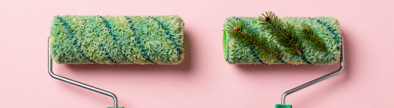 paint roller wrapped sprig spruce creates festive green texture bright pink background playful diy holiday