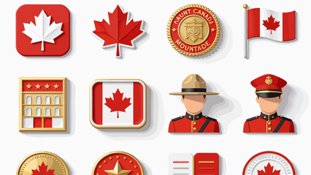 A vibrant collection of Canadian national symbols and cultural icons, featuring maple leaves, flags, and Royal Canadian Mounted Police figures.