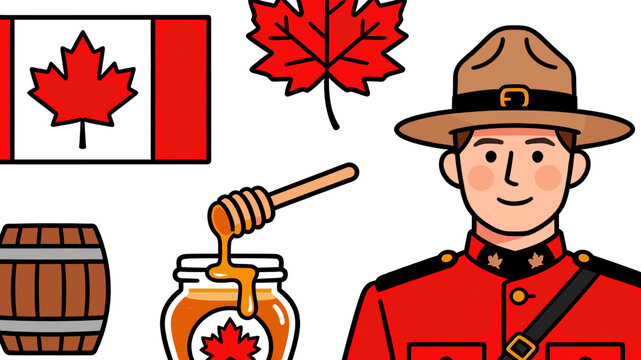 Illustration of various Canadian national symbols including a Mountie, flag, maple leaf, wooden barrel, and honey jar.