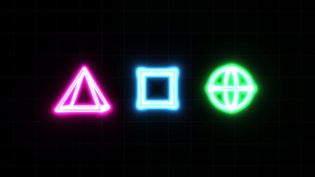 Glowing neon wireframe 3d geometric shapes rotating on a dark grid background