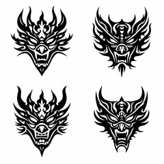 Naklejka premium Four black demon mask illustrations with sharp horns and fierce expressions on white background
