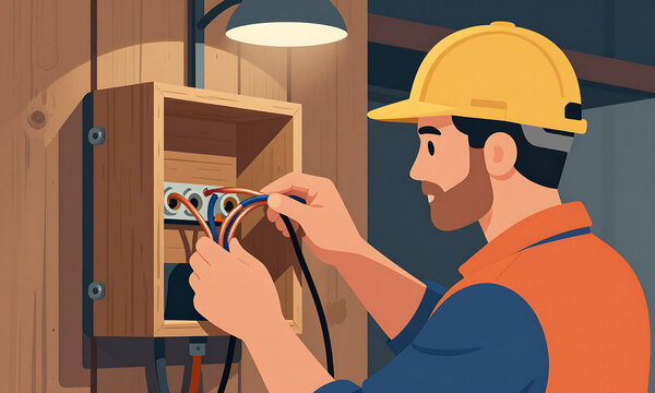 seasoned electrician expertly threads multiple copper wires wooden junction box mounted weathered wooden wall soft overhead