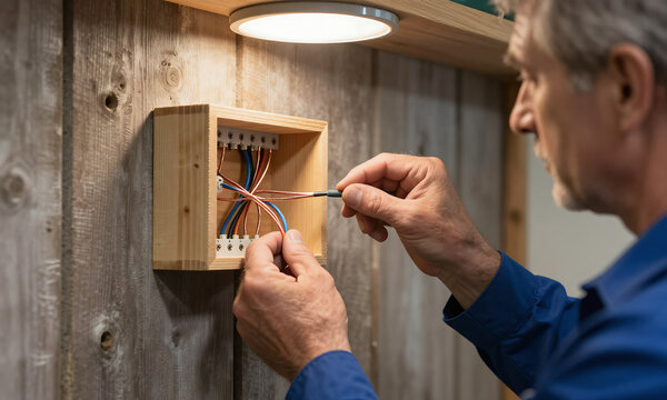 seasoned electrician expertly threads multiple copper wires wooden junction box mounted weathered wooden wall soft overhead