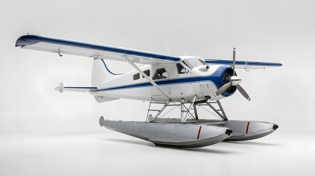 White and Blue Seaplane with Floats on a White Background.