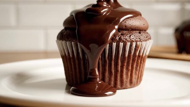 Chocolate cupcake with a drop of chocolate icing flowing down the side on a blurred white kitchen tile background, rich chocolate dessert for food and bakery commercial use