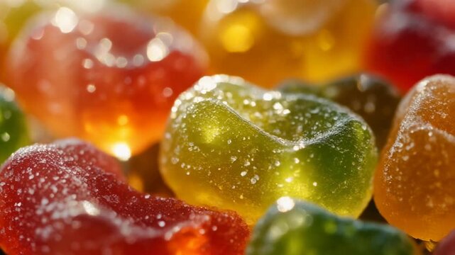 フルーツカラーのグミとキラキラ光る砂糖の粒。シズル感溢れる美味しそうなマクロ映像素材。