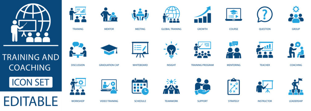 Training and coaching icon set featuring mentor, workshop, online course, and leadership symbols. Professional editable vector icons for business education and personal growth.