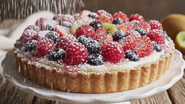 Delicious fresh fruit tart topped with vibrant seasonal berries and glossy glaze on a pastry shell, colorful dessert for patisserie and food commercial use