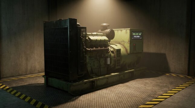 Industrial emergency power generator unit with engine and electrical components in dimly lit facility