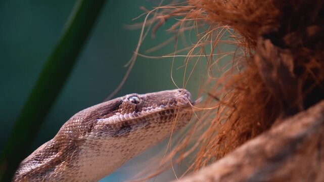 Close up of a python or Boa constrictor snake head slowly moving over rocks with the tongue coming out.