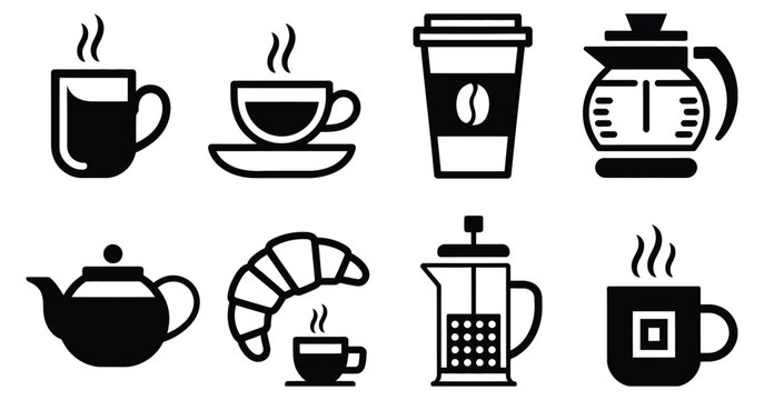 Comprehensive black silhouette vector icon set featuring steaming hot coffee mugs takeaway cups tea pots French press and breakfast symbols, beverage preparation and morning routine icon collection, 