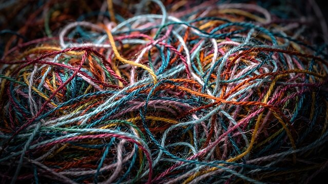 Macro view of tangled colorful yarn fibers with rich texture and abstract composition. Textile and craft background with intricate details.