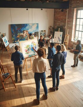 Art students gather around instructor in studio