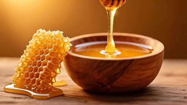 Golden honey in wooden jar