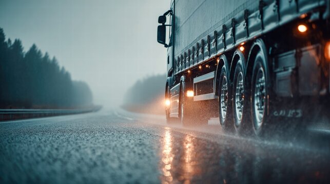 Truck driving on a wet road during a rainy day