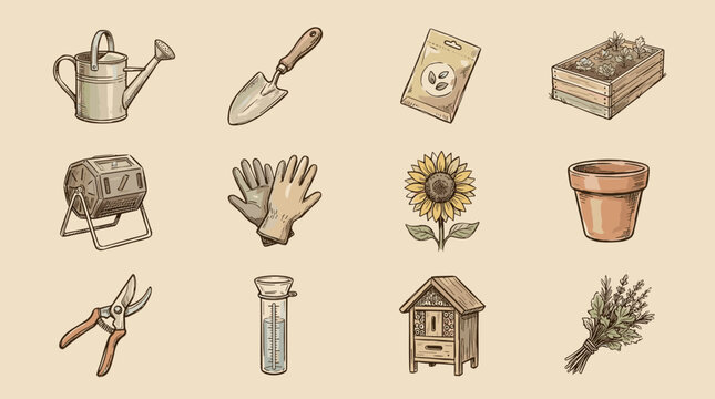 Essential Garden Tool Kit and Plant Elements: Watering Can Sprout Bee House and More