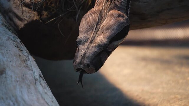 Close up of a python or Boa constrictor snake head slowly moving over rocks with the tongue coming out.